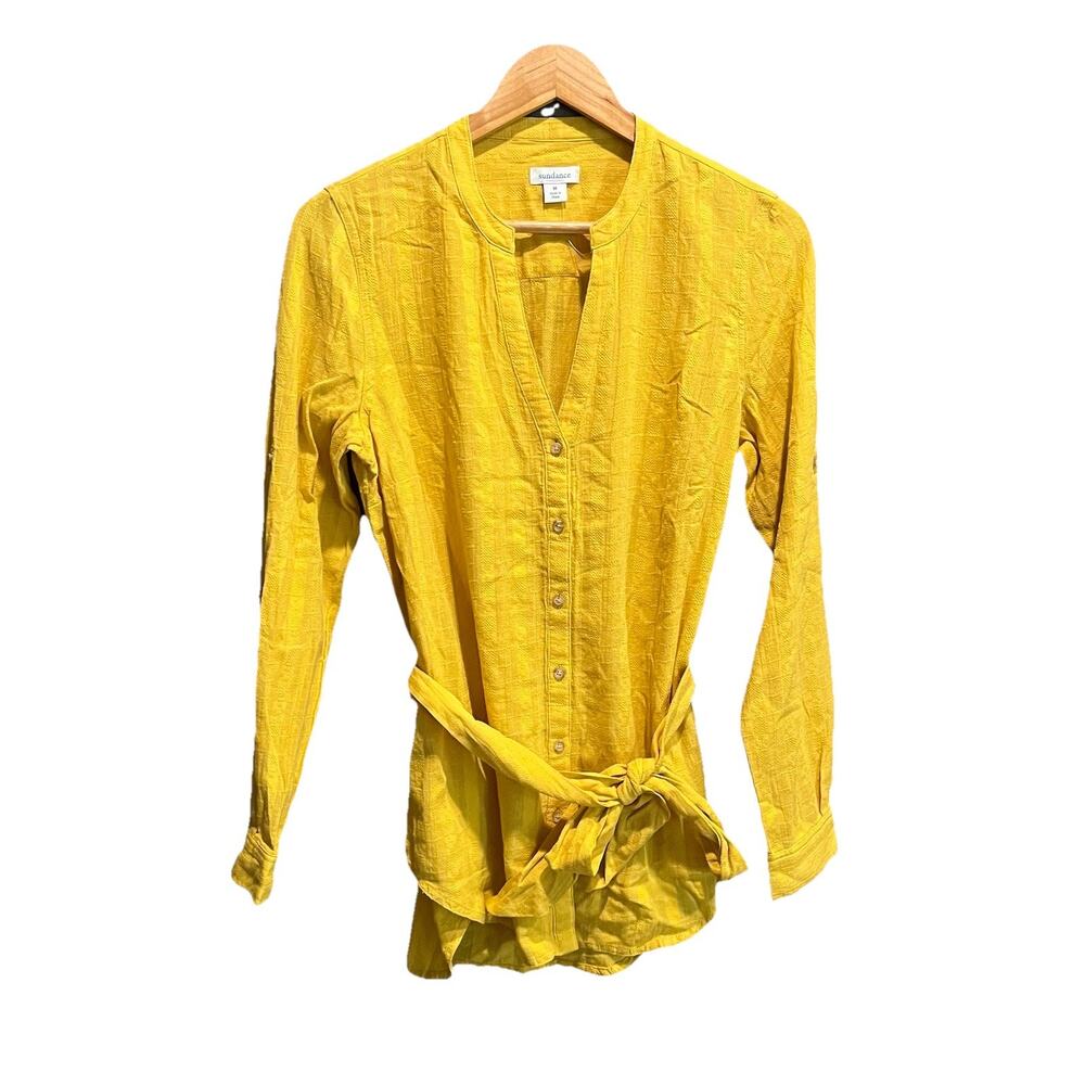 Sundance Yellow Tie Waist Cotton Button Up Long‎ Sleeve Women's Top Size Medium
